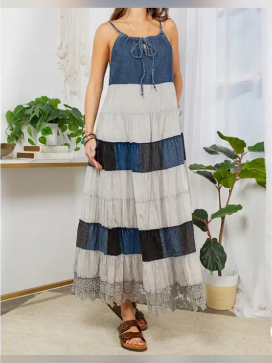 Young Threads Dresses & Skirts - Young Threads Boho Tiered Maxi Dress — Blue & Cream Patchwork